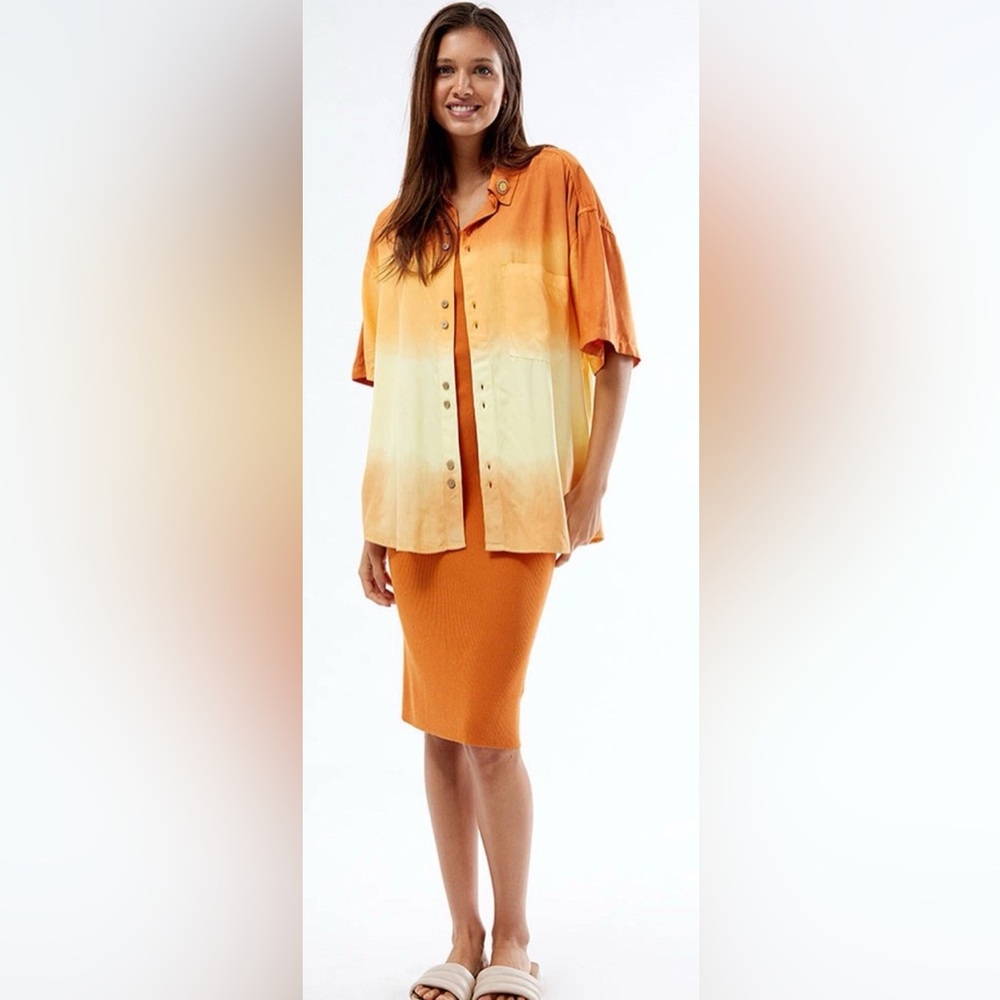 RVCA -X- Rose Machado Unisex Tye Dye Orange Button Up Shirt Sz Med Oversized NWT